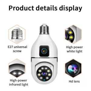Bulb WiFi Camera Dual Lens Dual Screen Indoor Surveillance Human Tracking 360° View, Wireless Two-Way Audio Cameras Color Night Vision